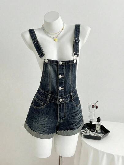 Elamini 时尚休闲复古水洗牛仔背带短裤