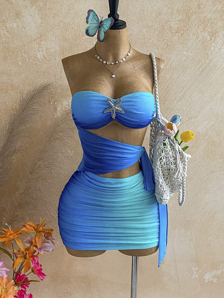 Soleia 女士渐变金属海星装饰镂空性感抹胸迷你连衣裙 - 彩色 - 查看 1