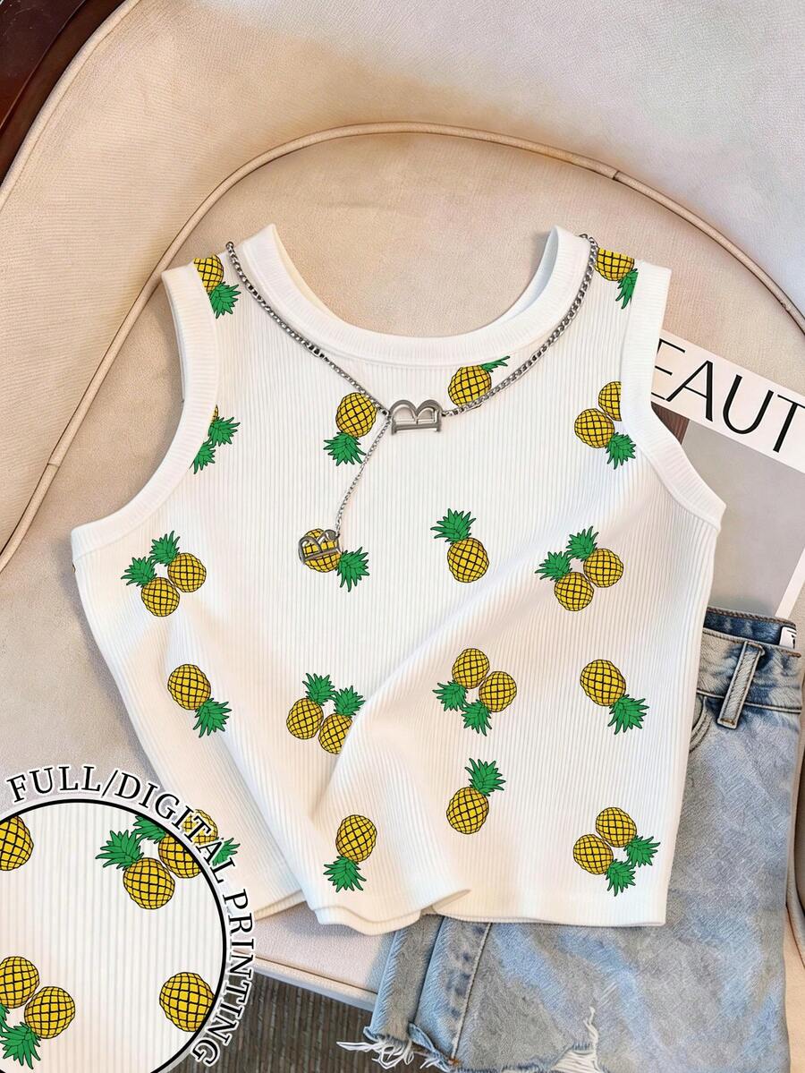 Resyla Women's Fitted Round Neck Tank Top With Allover Pineapple Print - Multicolor - View 1