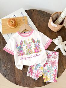 SHEIN 两件套可爱兔子花卉印花条纹休闲短袖上衣和短裤套装，适合夏季穿着、派对、日常穿着、度假、田园风等场合。 - 彩色 - 查看 2