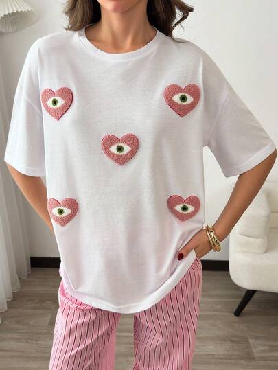SHEIN Vit broderad rosa hjärtformad t-shirt för kvinnor | Söt lös passform, avslappnad kortärmad t-shirt, unik konstnärlig sommartopp