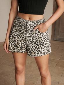 Anewsta Women's Leopard Print Casual Versatile Daily Wear Denim Shorts - Apricot - View 3