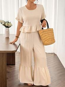 SHEIN Frenchy 大码休闲纯色荷叶边衬衫和裤子两件套 - 杏色 - 查看 4