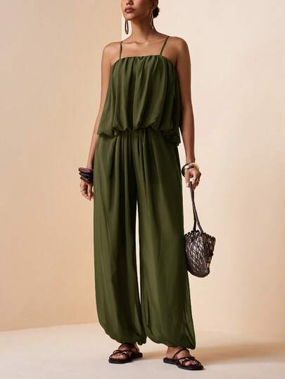 Zivah 2026 Spring/Summer New Music Festival, Easter, St. Patrick's Day, Valentine's Day, Date, Western, Nomadic, Birthday Party, Graduation, College, Student, Daily Casual, Basic, Leisure, Vacation, Cruise, Beach, Sunbathing, Viral, Streetwear, Wedding Guest, Commute, Brunch, Airport, Party, Holiday Outing, Office Wear, Camisole Ruffle Bud Layered Top And Wide Leg Pants With Pockets, Pleated Texture Pants, Brown Chiffon 2-Piece Set Yoga Jumpsuit Work From Home Outfits Ladies Clothes Jumpsuit Yatch Out