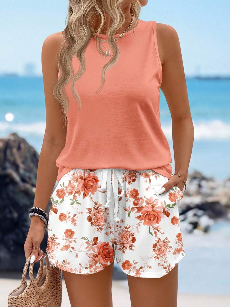 Sylviya 休闲简约度假波西米亚风优雅复古橙色碎花图案，适合音乐节、海滩、度假等场合，女士夏季套装，圆领背心和短裤两件套 - 彩色 - 查看 1