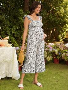 SHEIN Maternity Casual Ditsy Floral Jumpsuit - Khaki - View 4