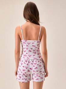 Loomlin Bộ đồ ngủ nữ 2 mảnh bằng cotton dệt kim màu trắng với họa tiết trái tim màu tím, chi tiết ren phối màu tương phản, gồm áo không tay và quần short, đồ mặc nhà thoải mái, phong cách thường ngày cho mùa hè. - trắng - Xem 2