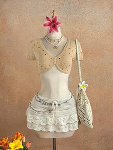 Elamini 女士亮片单排扣休闲百搭日常短袖开衫 - 卡其色 - 查看 5