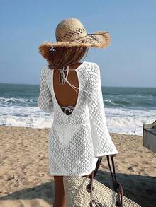 Đầm dệt kim cổ yếm màu trơn dành cho nữ, thích hợp cho kỳ nghỉ, đi biển. - trắng - Xem 2