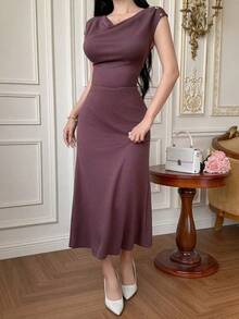 DAZY Women's Elegant Solid Color Draped Neck Tank Top And Straight Skirt 2-Piece Set, Summer - Purple - View 6