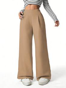 SHEIN Quần dài xếp ly cạp cao dáng rộng màu đen dành cho nữ và thiếu nữ, thích hợp cho mùa xuân, hè, thu và đông. - Màu Khaki - Xem 5