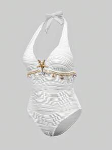 Swim Oasis White Summer Casual Holiday Party Vacation Elegant Starfish & Shell One-Piece Swimsuit,Paired With Skirt 2 Pieces Set Women's Beach Boho Swimwear - White - View 5