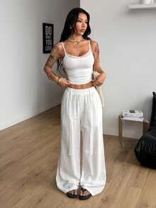 Coolane Women's Tree Branch Pattern Wide Leg Casual Pants - White - View 6