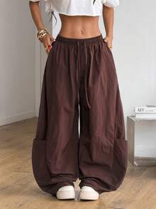 Coolane 女士春夏街头风休闲运动复古舒适宽松棕色长裤 - 棕色 - 查看 3