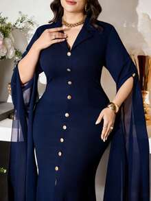Modelyn Plus Size Women's Wine Red Blazer Collar Dress, Single-Breasted Gold Button Sheer Chiffon Sleeve Cinched Waist Vintage Elegant Dress, Autumn/Spring - Navy Blue - View 5