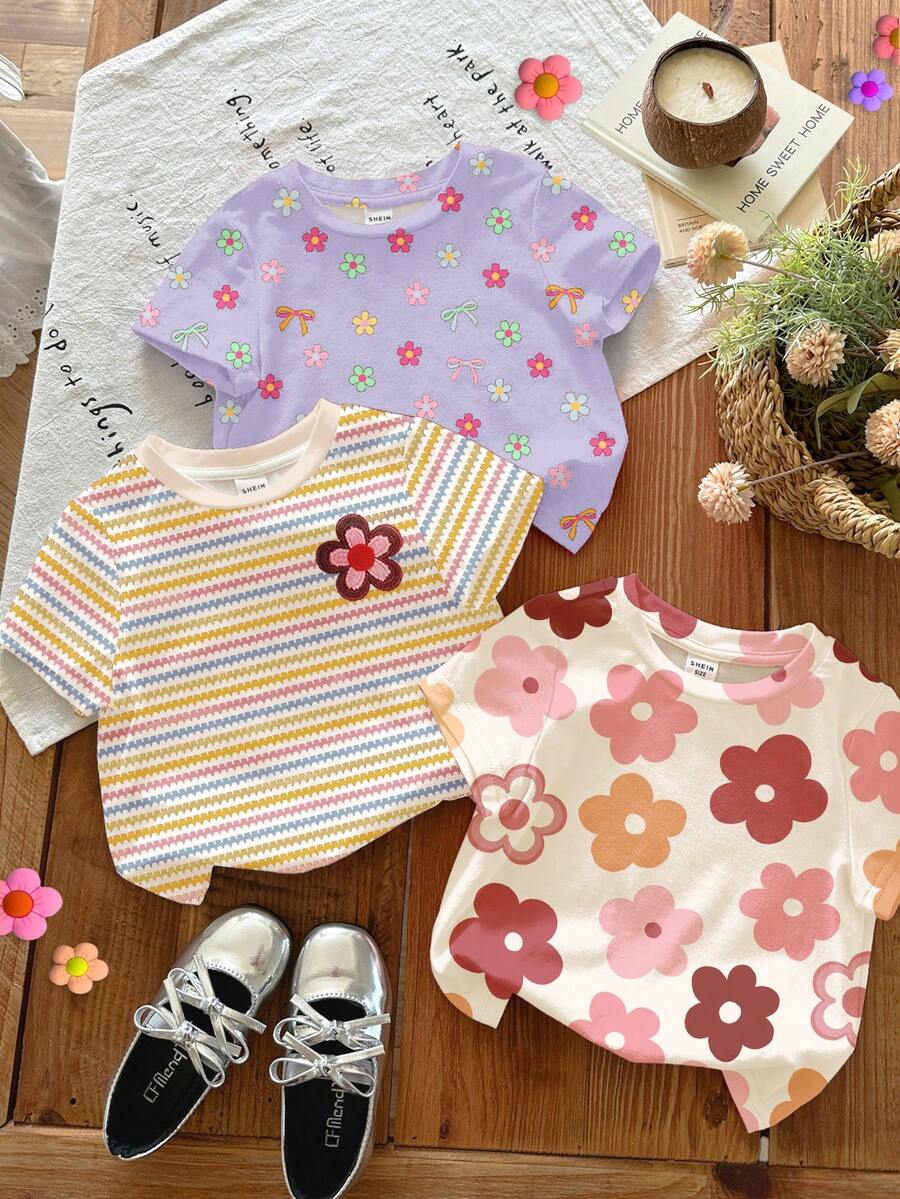 SHEIN LMoss Kids 3件套女童可爱多巴胺彩色花卉系列,奶油白、多巴胺彩色条纹、紫色,女童休闲百搭圆领短袖基础款T恤,适合所有季节日常穿着、居家、度假、假日,舒适透气,春夏皆宜,时尚女童,休闲装,儿童花卉条纹图案服装,时尚夏季,冬季,新款,清爽女童服装套装 - 彩色 - 查看 1