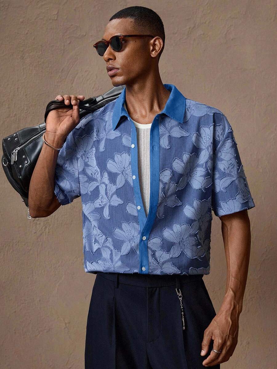 AKNOTIC 男士蓝色花卉提花休闲宽松短袖Polo衫，适合夏季、度假、日常搭配、派对、情侣装，男士礼物