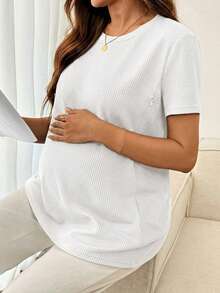 SHEIN Pregnant Women's Solid Color Round Neck Casual Breastfeeding Functional Short Sleeve Top, Versatile For Daily Wear - White - View 3