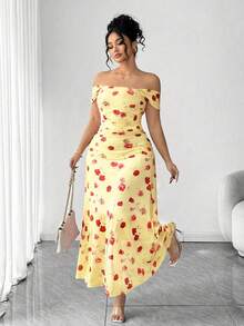 Elenzga 大码女式法式浪漫粉色玫瑰印花露肩连衣裙，大码收腰褶皱网纱连衣裙，温柔优雅修身显瘦吊带连衣裙 1XL，适合通勤、约会、度假，女神装扮 - 鵝黃色 - 查看 1