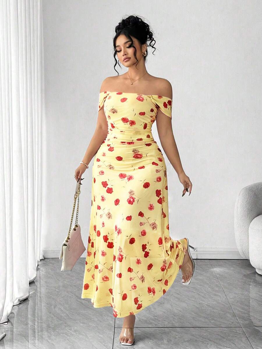 Elenzga 大码女式法式浪漫粉色玫瑰印花露肩连衣裙，大码收腰褶皱网纱连衣裙，温柔优雅修身显瘦吊带连衣裙 1XL，适合通勤、约会、度假，女神装扮 - 鵝黃色 - 查看 1