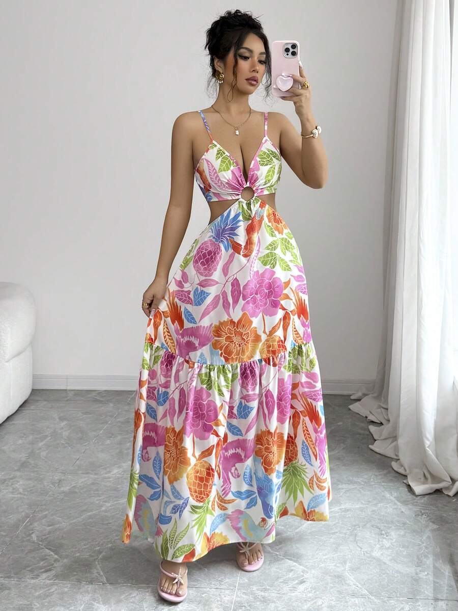 SHEIN Elenzya Women's Printed Waist-Cinched Midi Dress, Suitable For Vacation, Daily Wear And Commuting - Multicolor - View 1