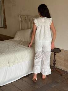 DAZY Đồ ngủ thêu kiểu Pháp cho bé gái, quần áo mặc nhà dễ thương, mùa xuân/hè, quần áo mùa thu cho bé gái tuổi teen, quần áo mặc nhà cho bé gái tuổi teen - Màu be - Xem 3