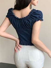 DAZY Áo denim nữ kiểu dáng thường ngày, trễ vai, viền bèo nhún, cài cúc phía trước, thích hợp cho mùa hè. - Rửa trung bình - Xem 4