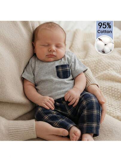 Loomiva Newborn Baby Boy/Girl Contrast Color Pocket Round Neck Short Sleeve Top And Elastic Waist Pants 2 Pieces Set