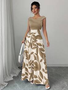 Elenzga 女士蓝色拼接印花V领收腰喇叭裙摆休闲度假连衣裙 - 卡其色 - 查看 4