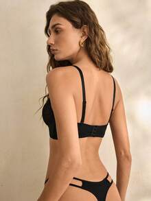 Charlaine Black Lace Patchwork Deep V Wireless Bra Set For Women - Black - View 3