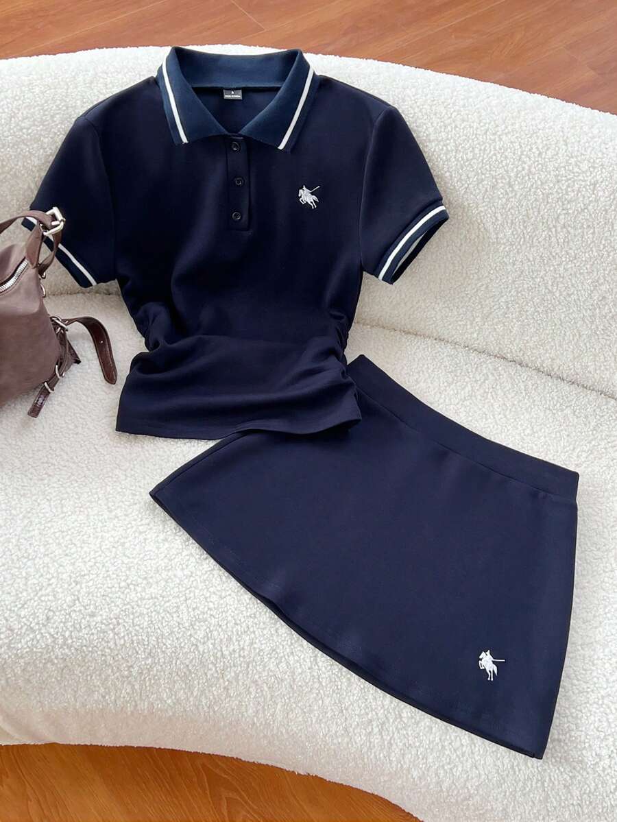 Elamini Spring & Summer Casual Collared Ruched T-Shirt And Embroidered A-Line Skirt 2-Piece Set, Navy Blue - Navy Blue - View 1