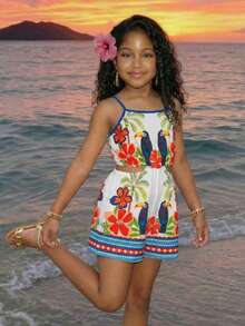 Sparklyn Tween Girl Parrot & Floral Print Hollow Out Casual Everyday Vacation Jumpsuit - Multicolor - View 2