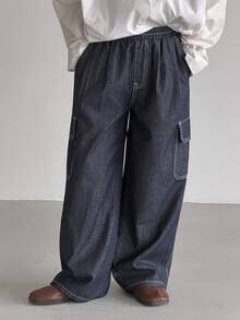 DAZY 男童弹力腰带休闲宽松工装牛仔裤，适合日常穿着 - 藍色 - 查看 2