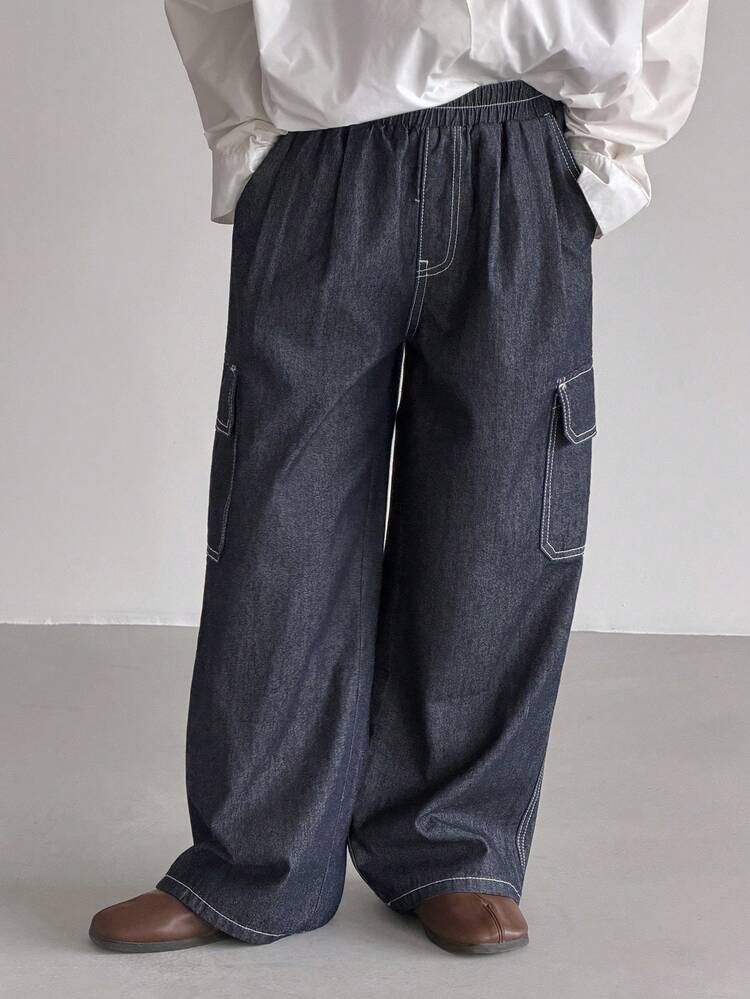 Tween Boys' Elastic Waist Casual Cargo Loose Fit Jeans, Versatile For Daily Wear