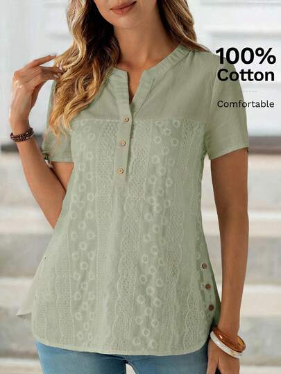 EMERY ROSE Blusa de verano de algodón con bordado en escote en V y manga corta para mujer