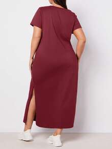 EMERY ROSE Vestido casual de mujer talla grande de unicolor con cuello redondo, manga corta y bajo con abertura lateral - Burdeos - Ver 2