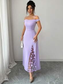 Elenzga Women's Elegant Off-Shoulder Dress, Fitted Silhouette With Lace Trim Side Panels And Thigh-High Slit, Suitable For Evening Parties, Dates, Light Social Events And Casual Outings - Purple - View 7