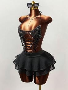 Mistrie 女士夏季时尚纯色镂空半身裙 - 黑色 - 查看 3