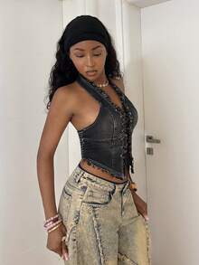 StreetHx 女士性感交叉露背吊带牛仔短款上衣，夏季 - 黑色 - 查看 3
