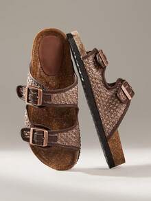 Solecia 女士鞋履春夏新款双扣调节设计露趾平底休闲度假风深色女士凉拖鞋，适合旅行度假、海边旅行 - 深棕色 - 查看 2