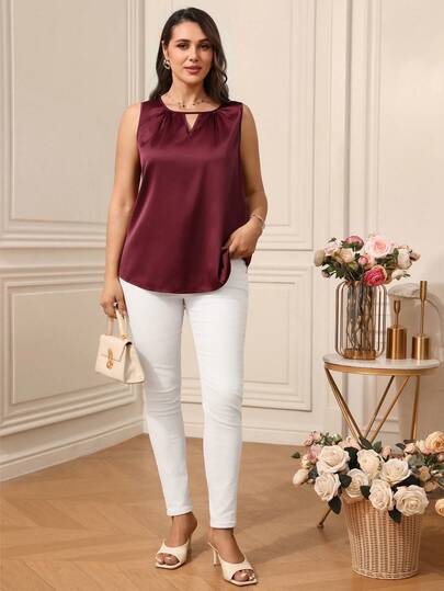 Plus Size Women Solid Color Keyhole Neck Sleeveless Elegant Blouse Silky Tops For Women Summer Tops For Women Elegant Blouse For Women Casual Elegant Women's Tops For Summer Summer Outfits For Women Beach Outfit For Women Casual Vacation Outfits Women Country Concert Outfit Peplum