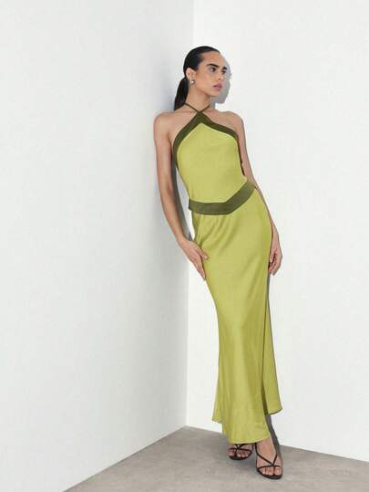 KSTM Women's Chartreuse Halter Neck Maxi Dress With Olive Green Contrast Trim And Elegant Flowing Silhouette For Special Occasions