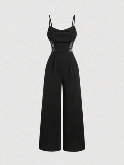 SHEIN Tall Summer Draped Neck Black Jumpsuit,Retro Lace Hollow Out , Wide Leg Jumpsuit,Wedding Women Jumpsuit,Fall/Winter Jumpsuit,Teacher Clothes,Old Money Style Jumpsuit,Business Casual Jumpsuit,Brunch Jumpsuit,Going Out Jumpsuit,Formal Jumpsuit