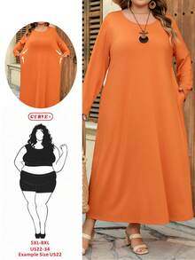 SHEIN CURVE+ Curve 尺码 US22 音乐节、海滨度假、波西米亚风黑色长袖宽松 A 字中长连衣裙，时尚秋冬连衣裙 - 橘色 - 查看 8