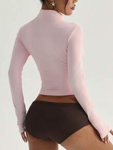 Gameset SHEIN Sport 女款亮粉色夏季性感健身運動夾克，修身立領撞色全開襟拉鍊長袖，附拇指孔與圓弧下擺 - 粉色 - 查看 2