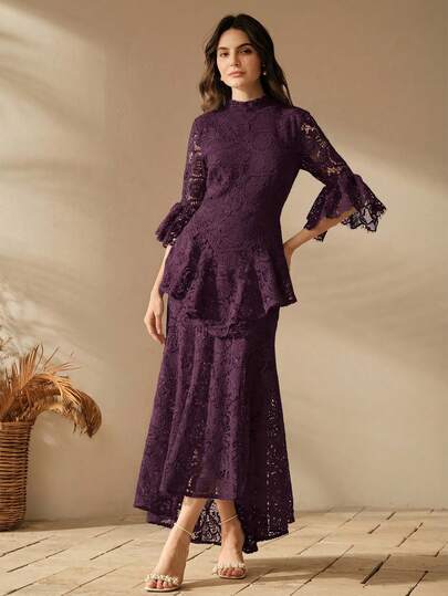 White Water-Soluble Lace Dress, Elegant Valentine's Day Dress, Sexy Ruffle Hem Mid-Length Dress