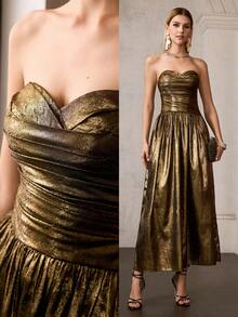 MOTF Soiréza Đầm dạ hội vàng sang trọng, thân áo xếp ly, dáng maxi ống, khóa kéo sau lưng, ôm sát eo, lý tưởng cho các buổi tiệc, dạ hội, đêm giao thừa và các sự kiện trang trọng. - Vàng - Xem 2