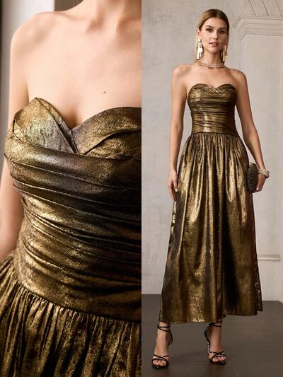 MOTF Soiréza Elegancka złota sukienka imprezowa, długa sukienka tuba z plisowanym gorsetem, zamek błyskawiczny z tyłu, dopasowana sylwetka podkreślająca talię, idealna na imprezy, gale, sylwestra i oficjalne wydarzenia