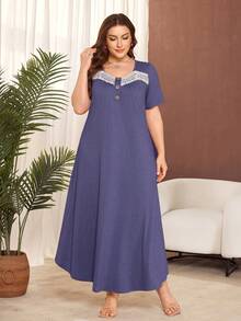 Lacomfia Plus Size Solid Color Short Sleeve Knit Casual Ruffle Hem Dress - Purple - View 5