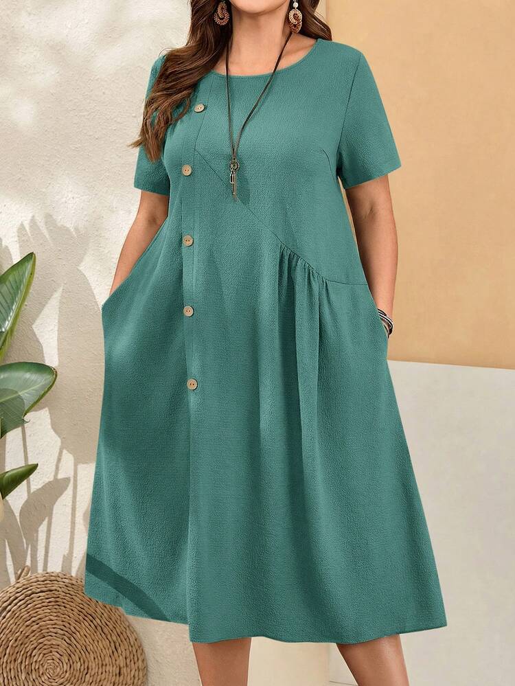 Plus Size Women'S Loose Fit Buttoned Short Sleeves Round Neck Pocket Green Dress With Side Slits For Spring Women's Summer Dresses Pocket Dresses Summer Dress Summer Outfits Summer Clothes Spring Dress Spring Outfit Women Spring Clothing Beach Vacation Outfits For Women Vacation Dress Bohemian